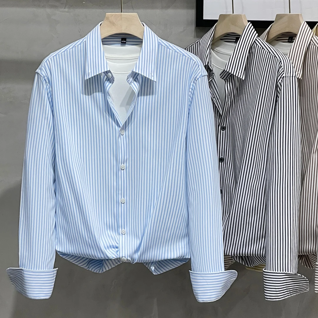 韩版男士衬衫商务休闲弹力丝滑条纹长袖衬衫春秋季免烫冰丝衬衣男