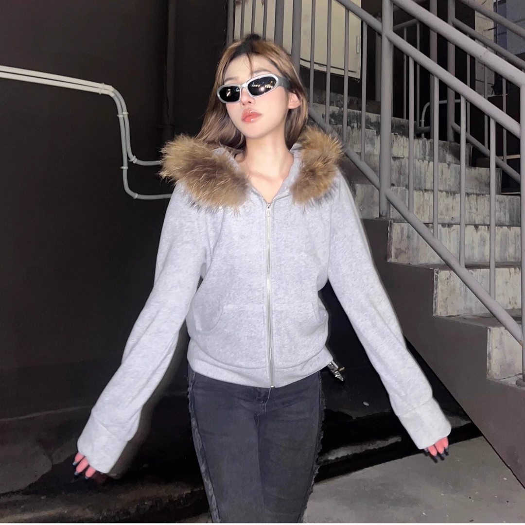 秋冬千禧风烫钻毛领开衫灰色连帽卫衣美式复古外穿小个子长袖外套