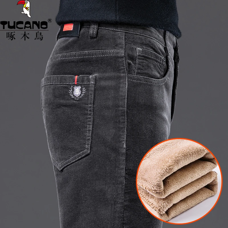 啄木鸟秋冬加绒加厚男士灯芯绒休闲裤宽松直筒条绒保暖冬装裤子男
