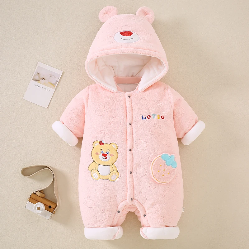 婴儿厚棉衣A类加棉加绒冬款冬款加厚保暖新生儿连帽宝宝哈衣