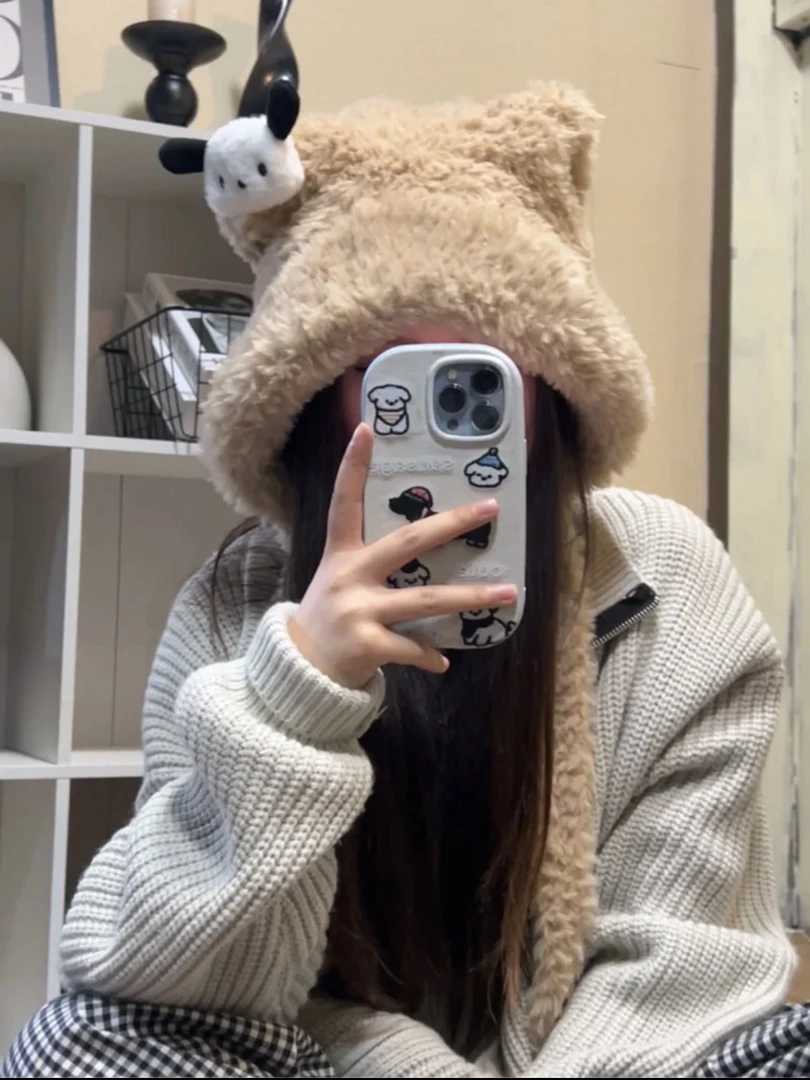 可爱小熊耳朵毛毛帽子女款冬显脸小大头围保暖毛线帽毛绒帽雷锋帽