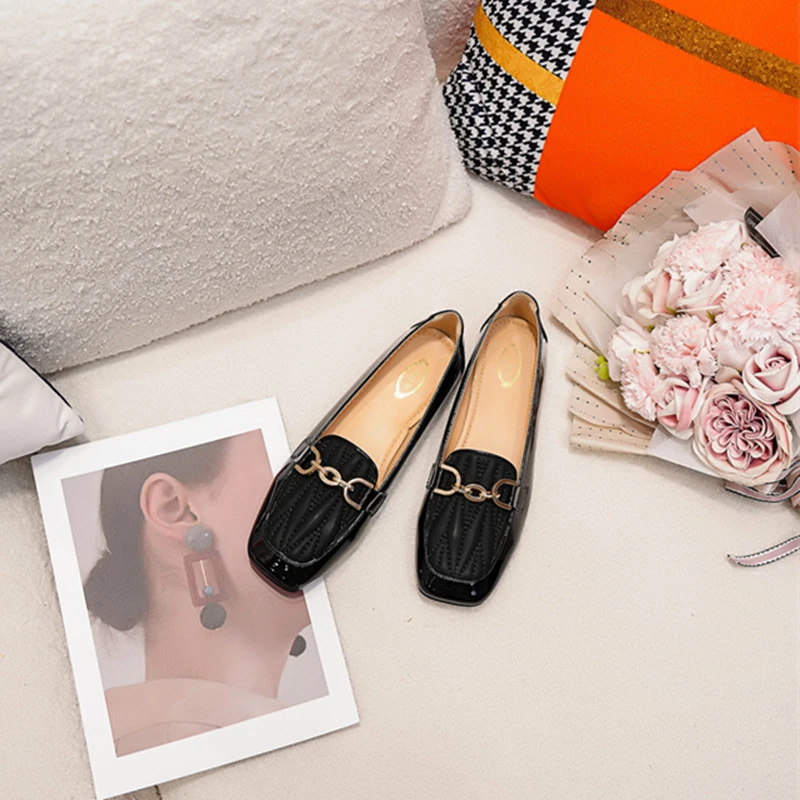 百搭粗跟平底方头时尚休闲单鞋女软底春季浅口复古鞋乐福鞋