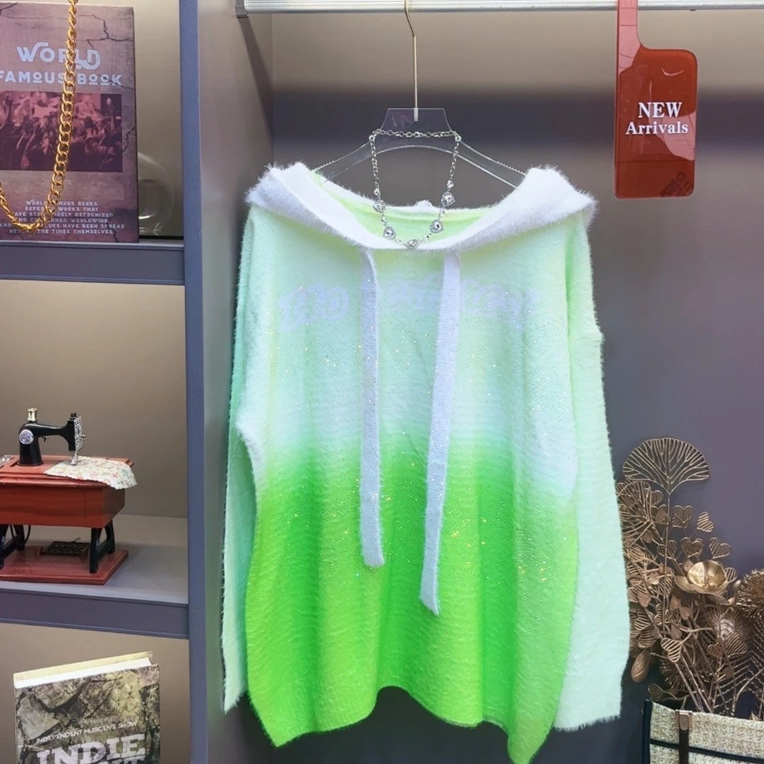 059【水晶翠绿】长袖潮流套头时尚个性宽松圆领网红扎染渐变色连帽