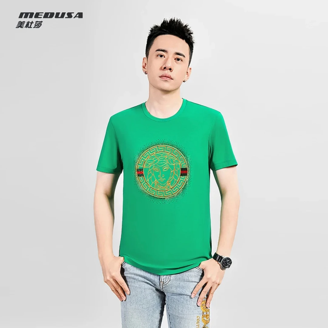 美杜莎春夏男士休闲轻奢烫钻刺绣圆领短袖24104