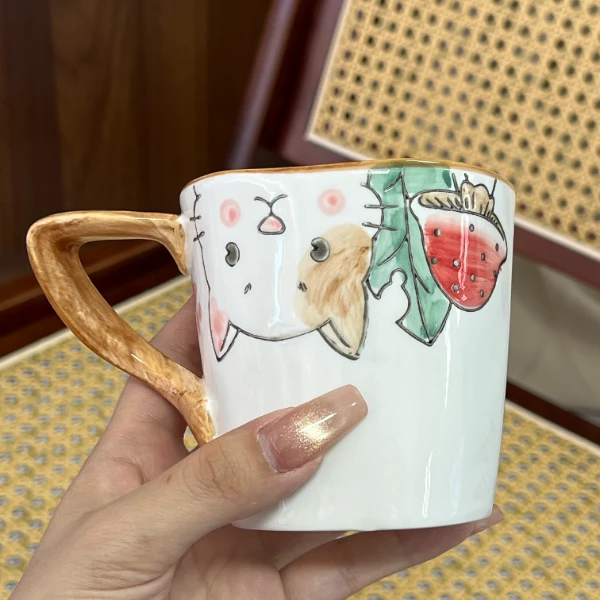 A120大容量折角马克杯·蘑菇猫系列高温釉下彩小清新精致可爱手绘