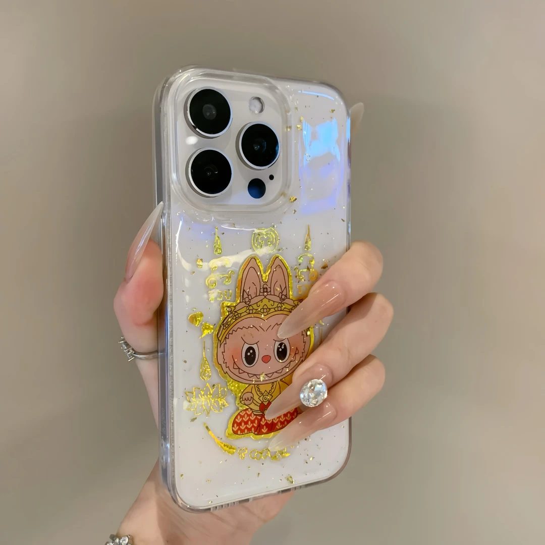 莲花滴胶金箔拉布布适用苹果16promax手机壳iphone15新款14卡通13