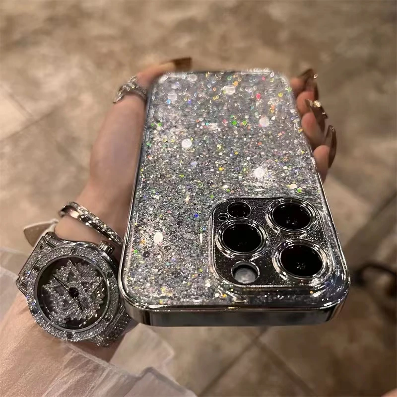 高级感奢华银色闪粉亮片13适用苹果15promax手机壳iphone14全包12