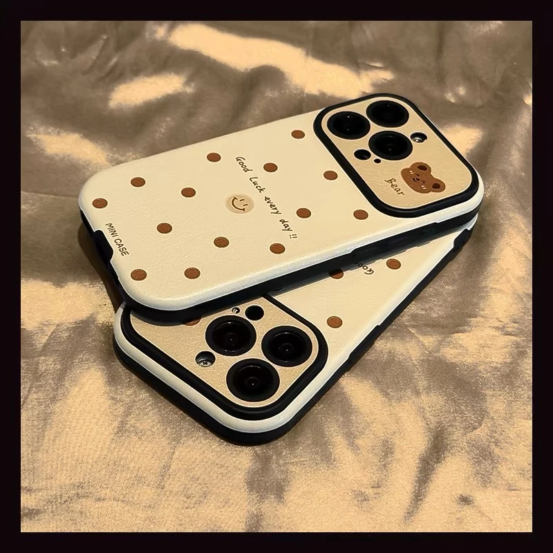 卡通波点笑脸熊适用苹果15手机壳iphone14pro/13全包12可爱防摔