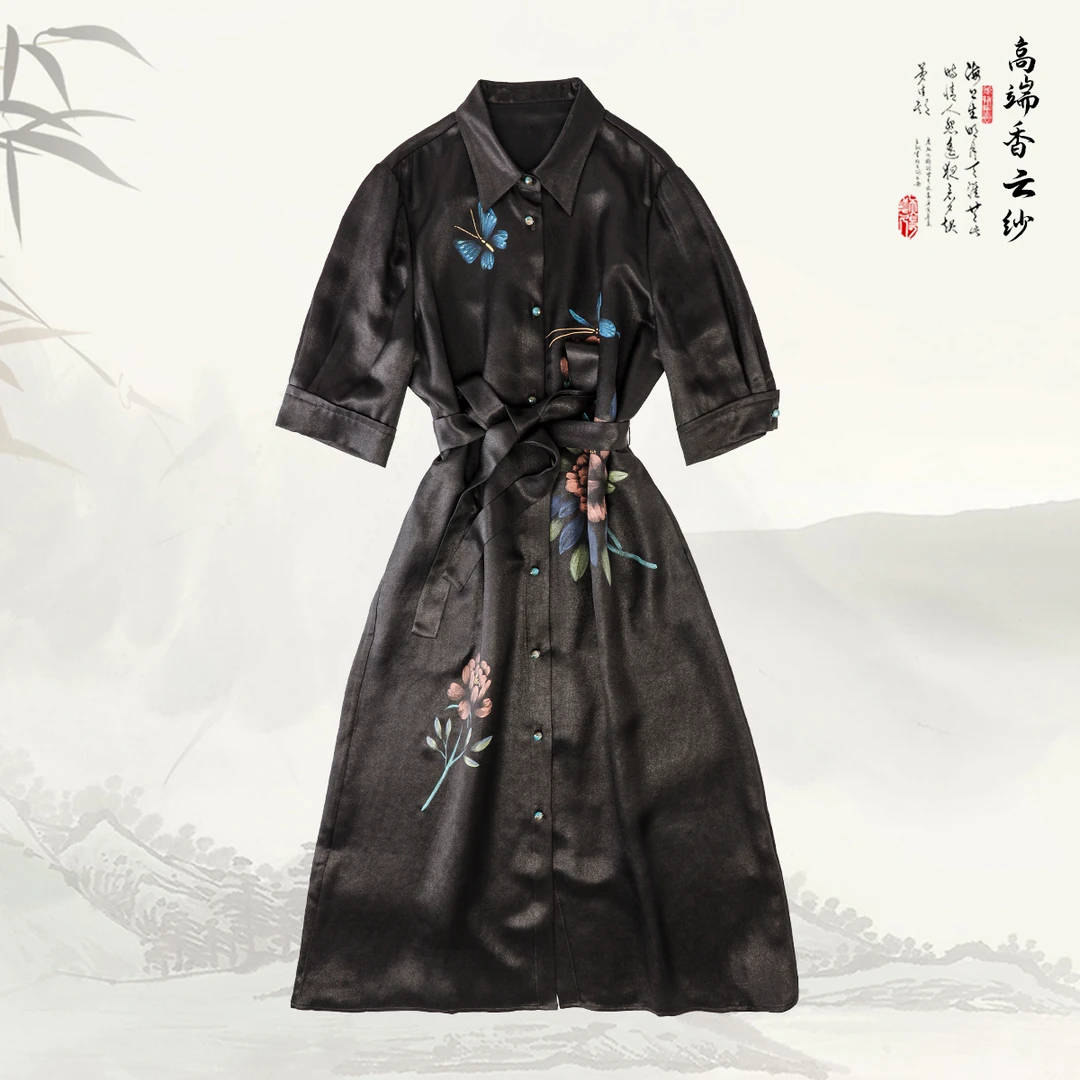 品牌新款香云纱桑蚕丝绣花工艺立领连衣裙419391