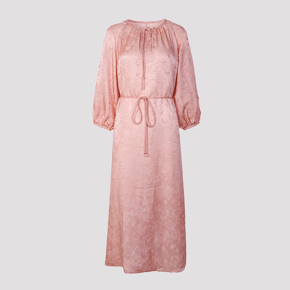 新中式桑蚕丝连衣裙初秋圆领插肩袖国风盘扣提花中长裙33701