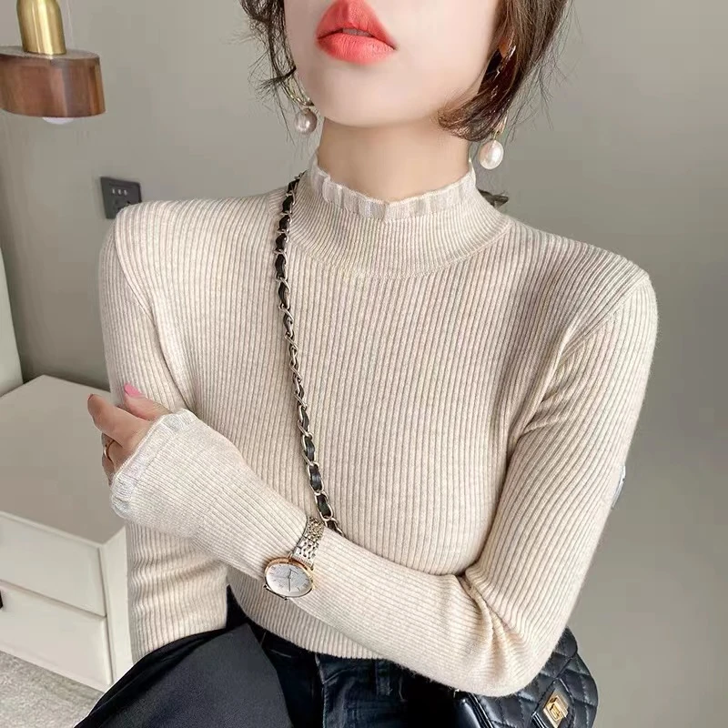 SY008打底衫女春秋冬内搭2024新款蕾丝拼接纯色修身长袖针织上衣