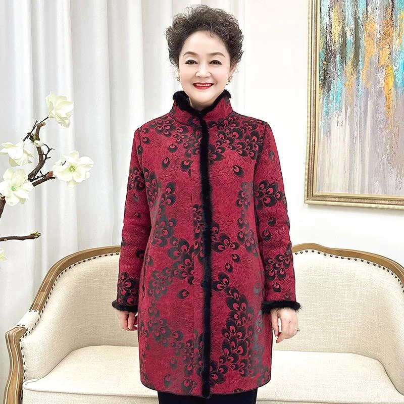 冬装新款外套中老年女装加厚保暖中长款一体大衣秋冬季加绒妈妈装