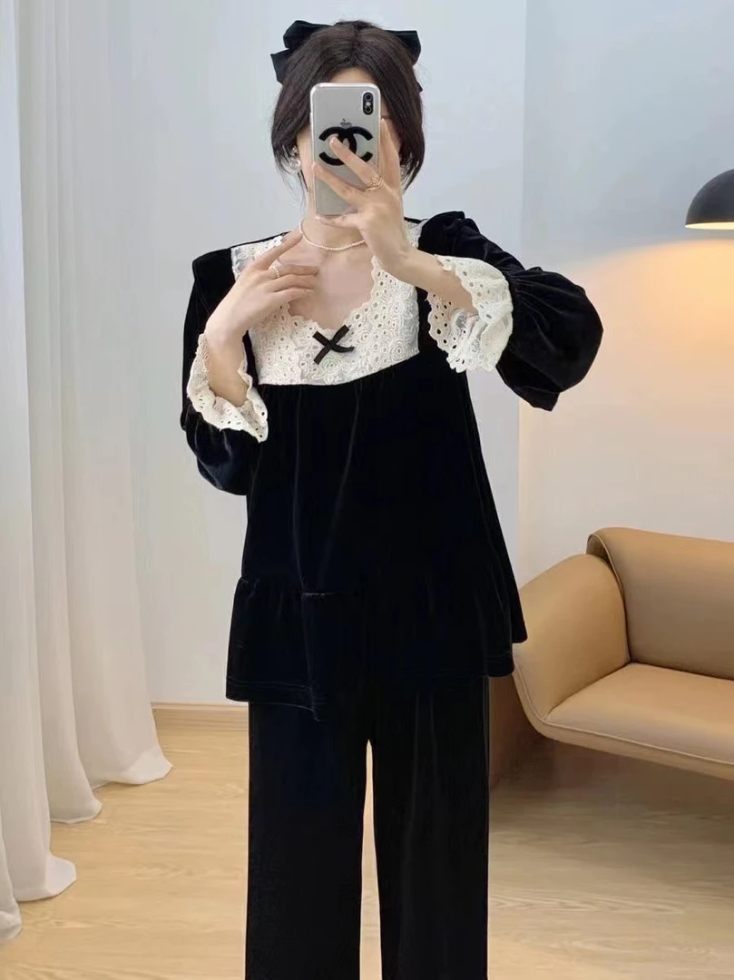 高级感复古宫廷风睡衣女秋冬新款小个子花边金丝绒长袖家居服套装