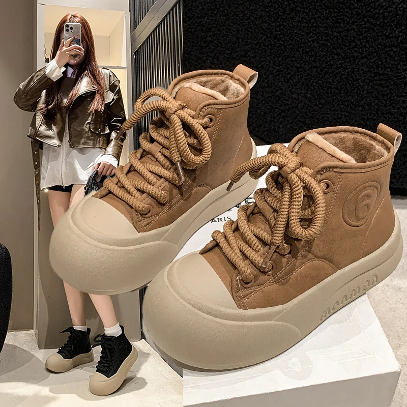 【现货】高帮休闲运动厚底板鞋2024冬季新款加绒软底百搭增高单鞋女
