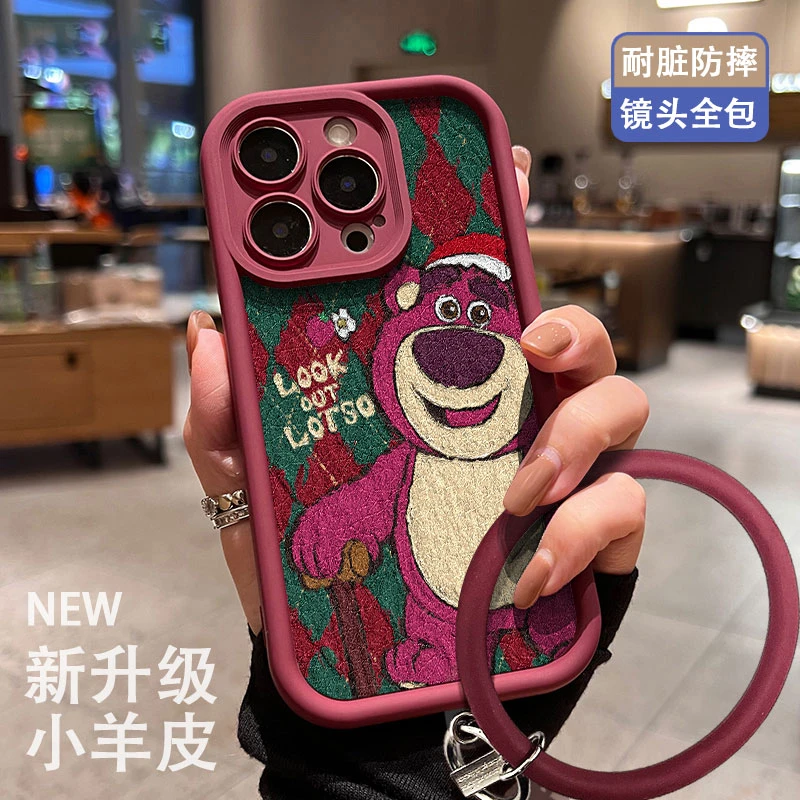 富典草莓熊苹果15/14/13华为mate60小米OPPO/vivos17小羊皮手机壳