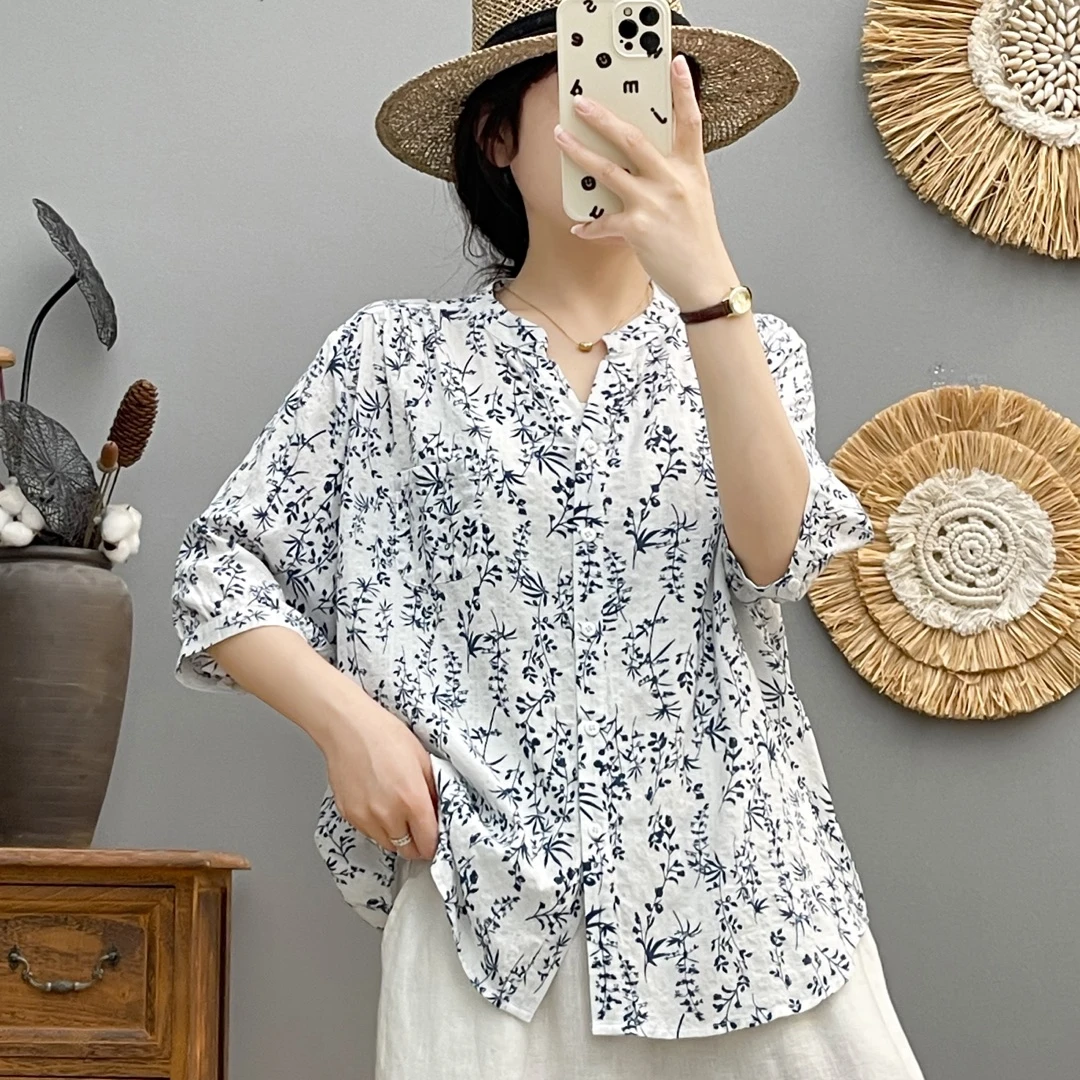 夏季新款棉纱气质显瘦时尚薄款宽松印花V领遮肚衬衫衬衣