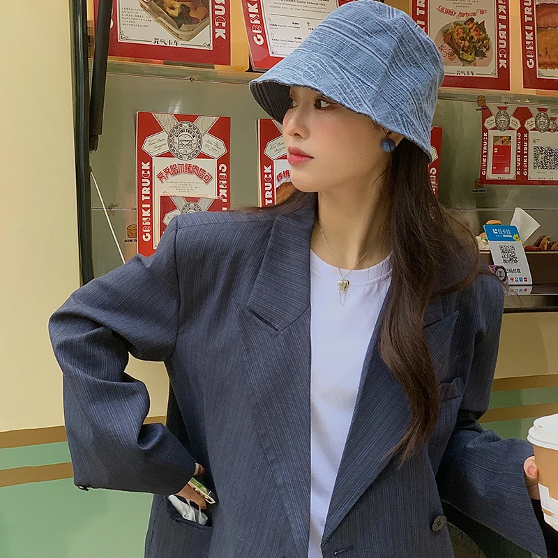 蓝色褶皱感小边渔夫帽女夏韩版防晒显脸小做旧盆帽小众遮脸自闭帽