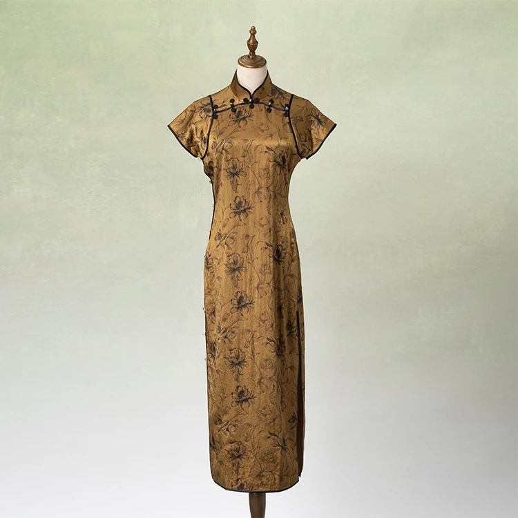 荷言GL 一树秋色 古法无省旗袍棕黄色芍药印花醋酸缎玫瑰盘扣复古