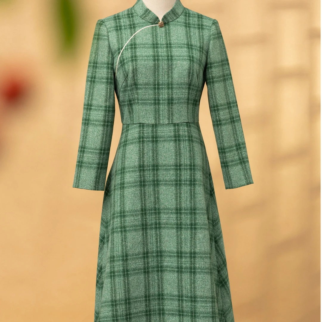 荷言GL 番外风 绿色格子纹新中式连衣裙英伦风大衣