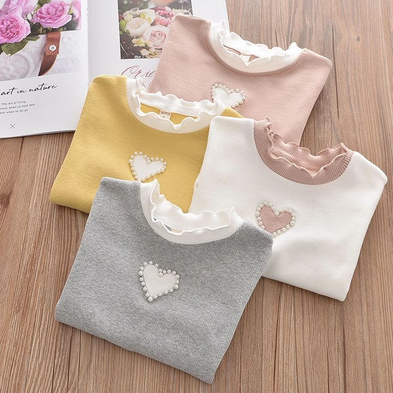 女童春秋打底衫儿童花边领弹力时尚T恤外穿上衣女孩爱心长袖