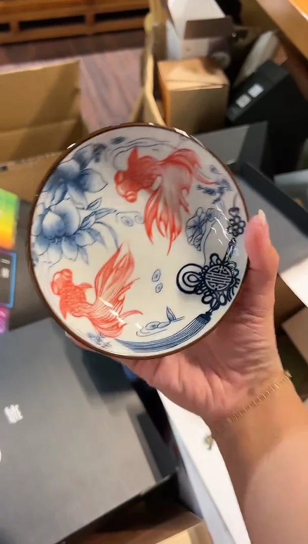 【闪购商品】玻璃茶盏青花果盘-红色锦鲤