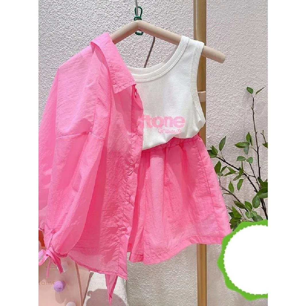 女童夏季轻薄防晒衣宽松三件套沙滩度假套装粉色纯色时尚父亲节