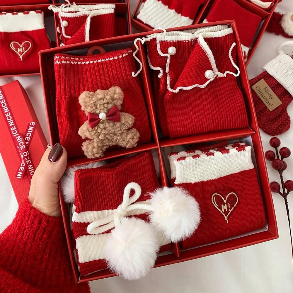 本命年红袜子女礼盒装秋冬龙年圣诞节红色纯棉新年礼物好运长筒袜