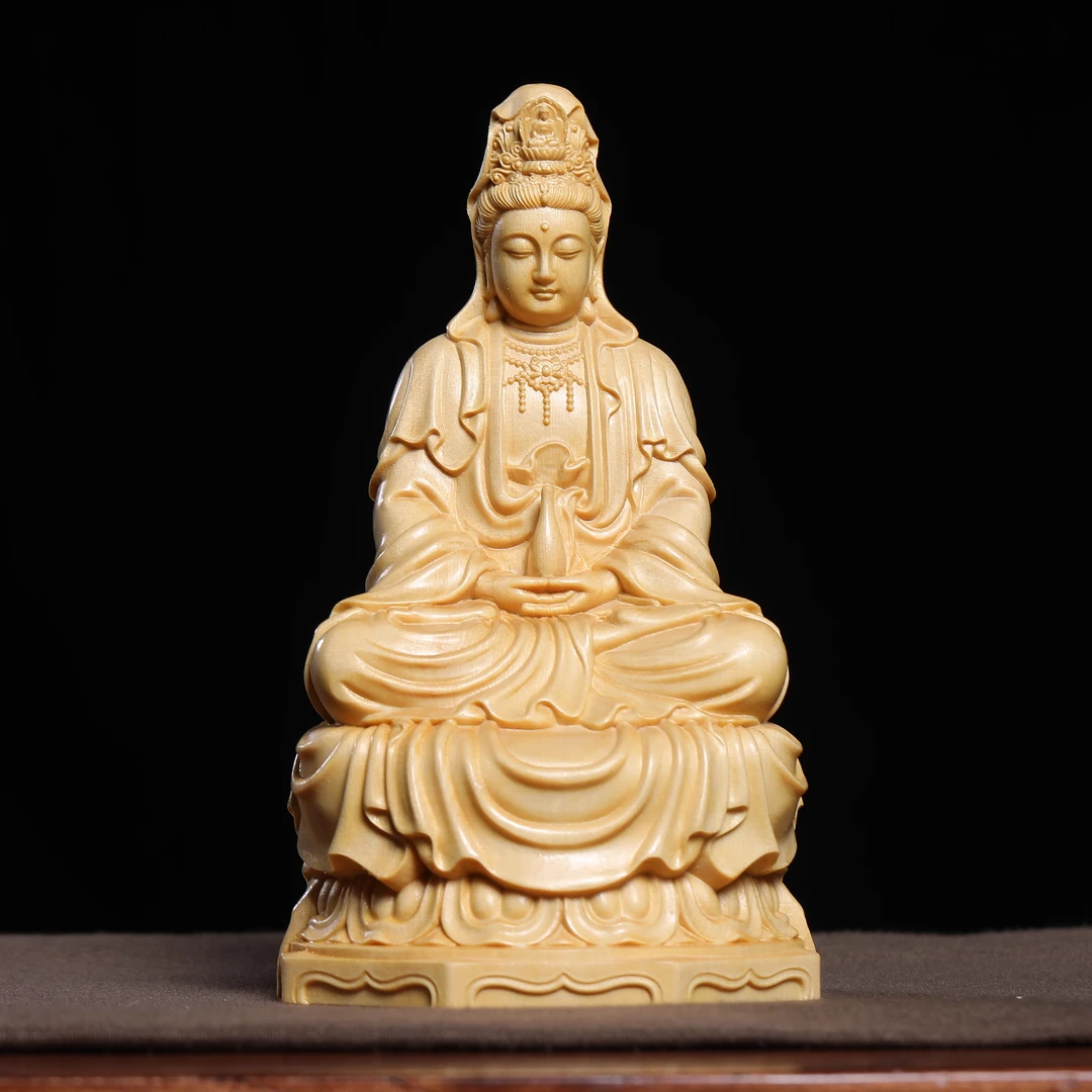 桧木精雕坐莲花净瓶观音菩萨佛像家用寺庙玄关神像摆件家居装饰品