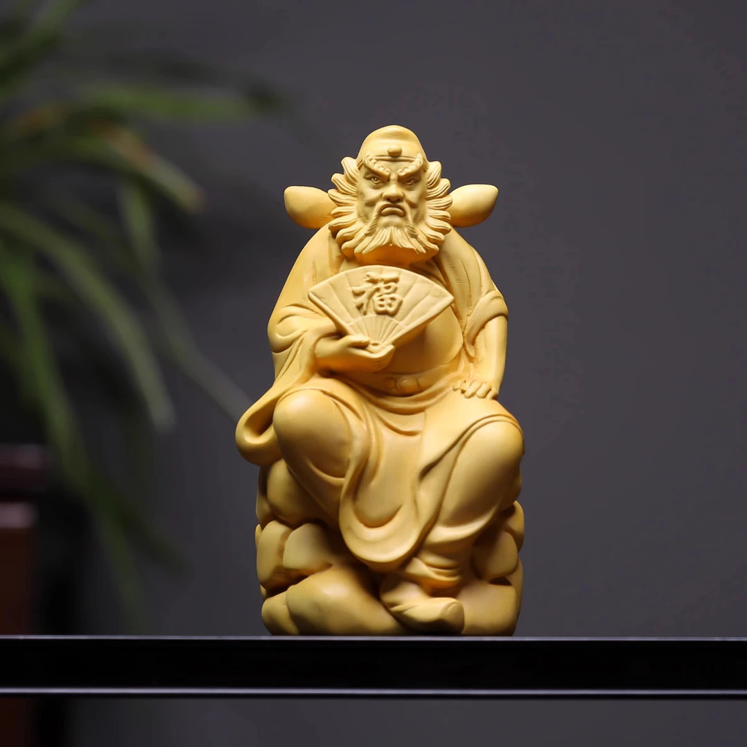 黄杨木雕豹头环眼天师钟馗摆件实木雕刻客厅电视柜家居装饰工艺品