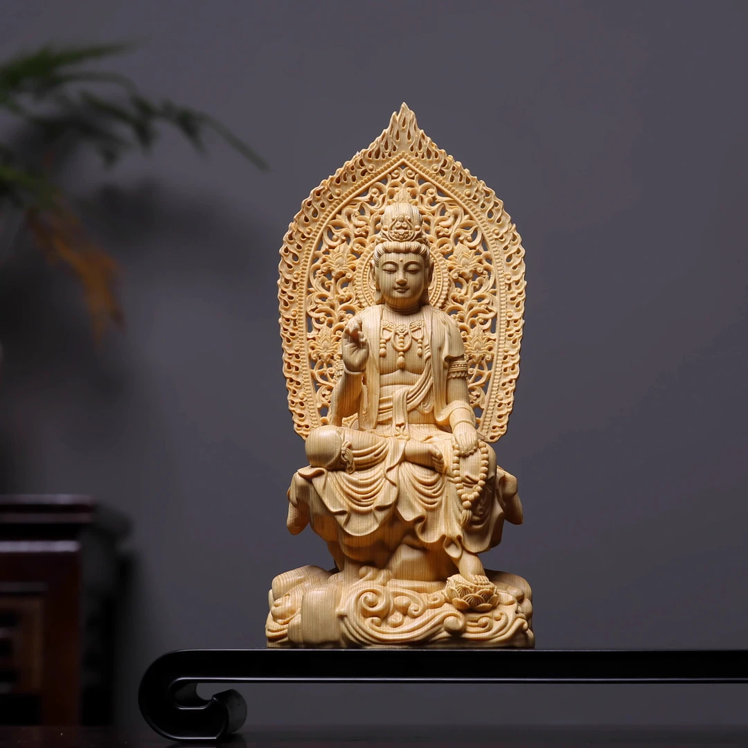 桧木雕刻坐莲花自在观音菩萨佛像家用寺庙玄关神像摆件家居装饰品