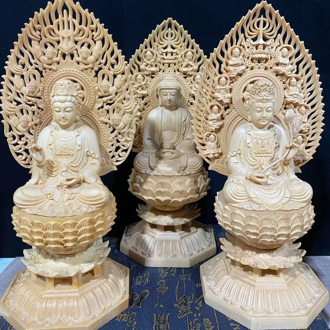 桧木木雕西方三圣三圣高度30公分阿弥观音大势至佛像玄关家居摆件