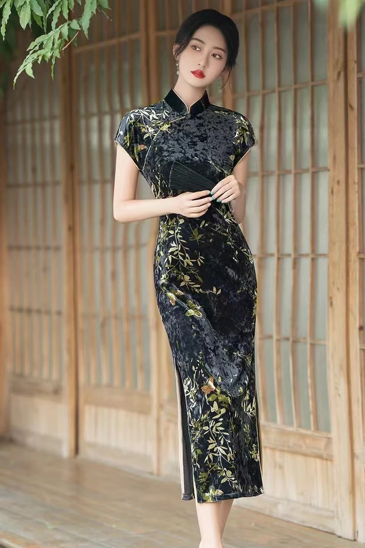 黑色高端正宗新中式中国风改良旗袍连衣裙年轻款小个子丝绒女装秋