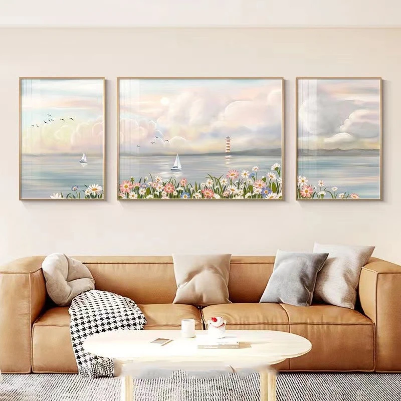 现代简约客厅装饰画温馨花海北欧风三联画壁画平面沙发背景墙挂画
