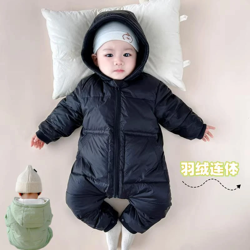 巴拉优选宝宝带帽外穿白鸭绒婴儿加厚羽绒连体衣男女宝宝羽绒服婴