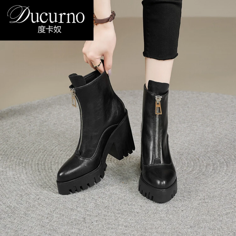 DUCURNO度卡奴短靴前拉链马丁靴2024款秋冬粗跟中筒靴机车中筒靴