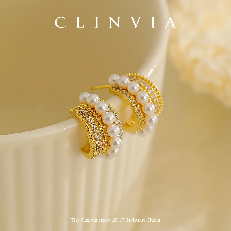 CLINVIA/克莉维娅 铜合金合成锆石耳饰 微镶仿珍珠耳环C形小耳圈