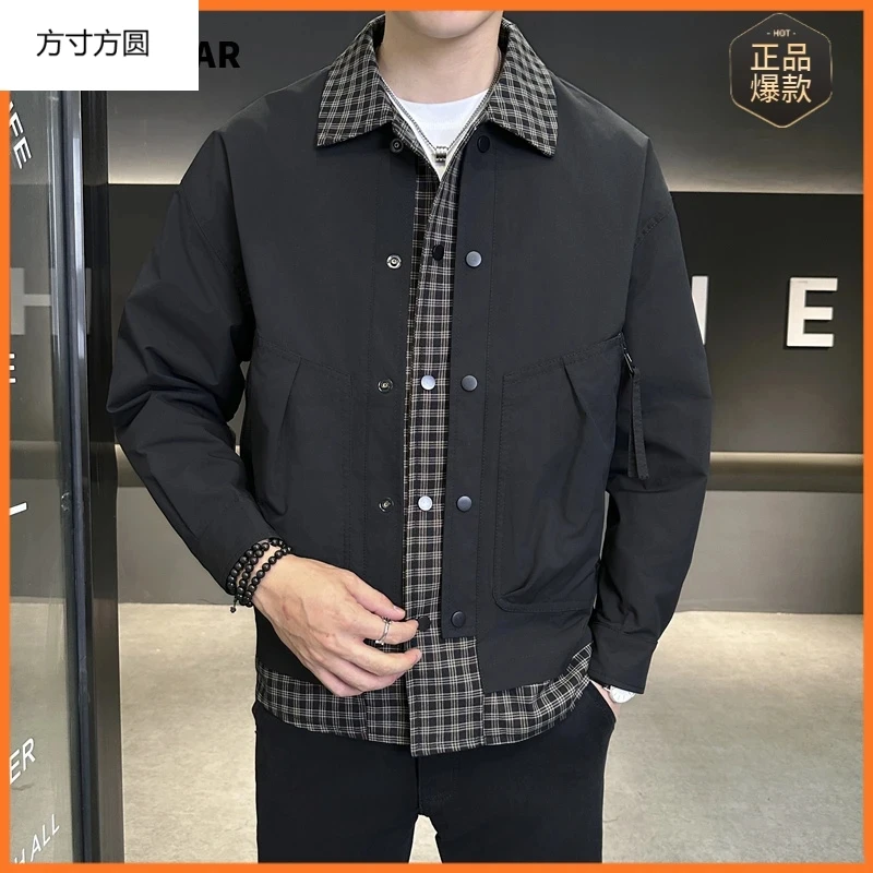 假两件男士外套春秋季新款翻领帅气潮牌工装青年品质夹克时尚潮男