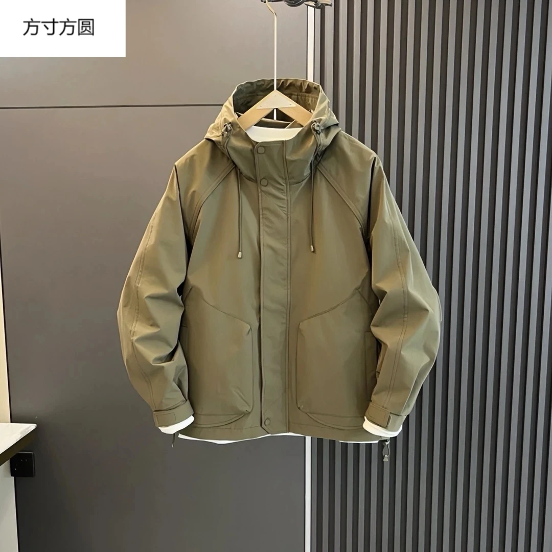 春秋夹克外套男士冲锋衣防风上衣纯色连帽时尚新款休闲宽松工装潮