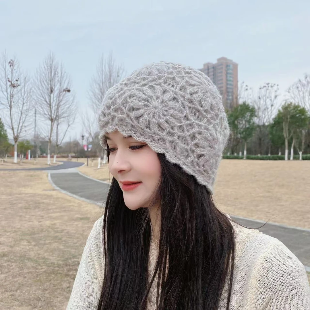 白云日系双层手工钩花包头帽马海毛线针织复古保暖套头帽大头围