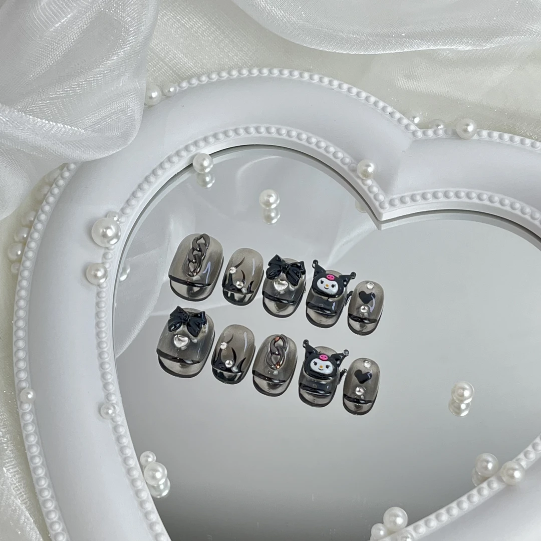 库洛米卡通甜酷少女穿戴甲黑色系纯手工美甲可重复使用甲片（bk16）