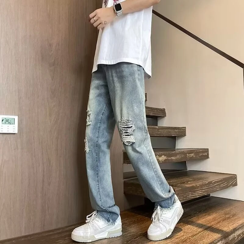浅色牛仔裤男夏季宽松直筒破洞潮牌裤子复古高街长裤潮流休闲男裤