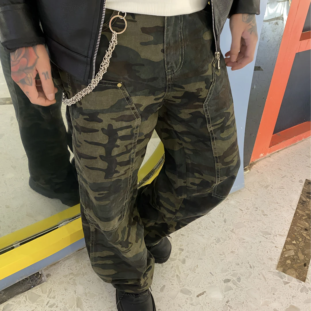 Xcool store 美式风迷彩牛仔裤男秋款铆钉设计感痞帅户外伐木工装