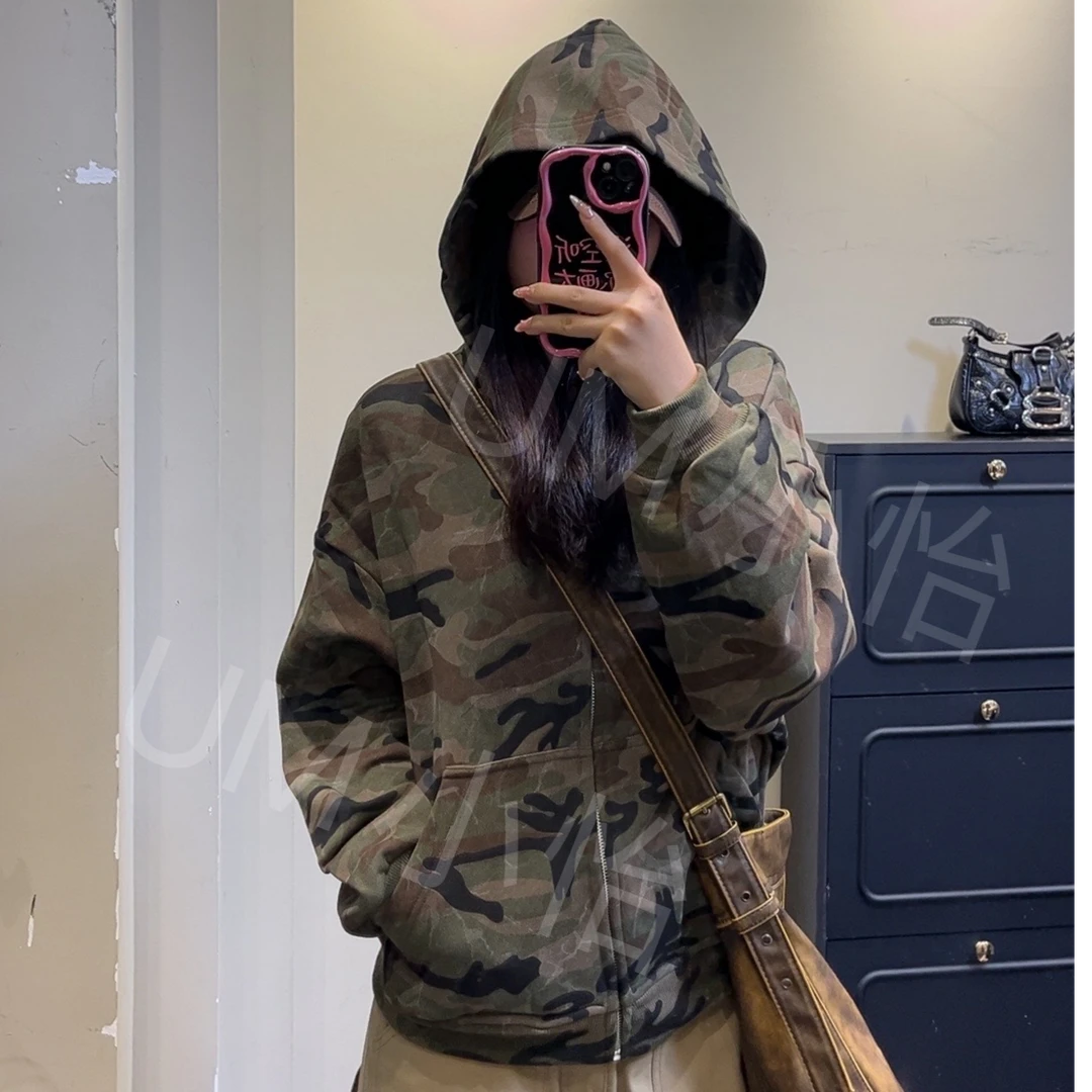 鑫怡定制【迷彩卫衣】美式复古女秋宽松休闲卫衣外套