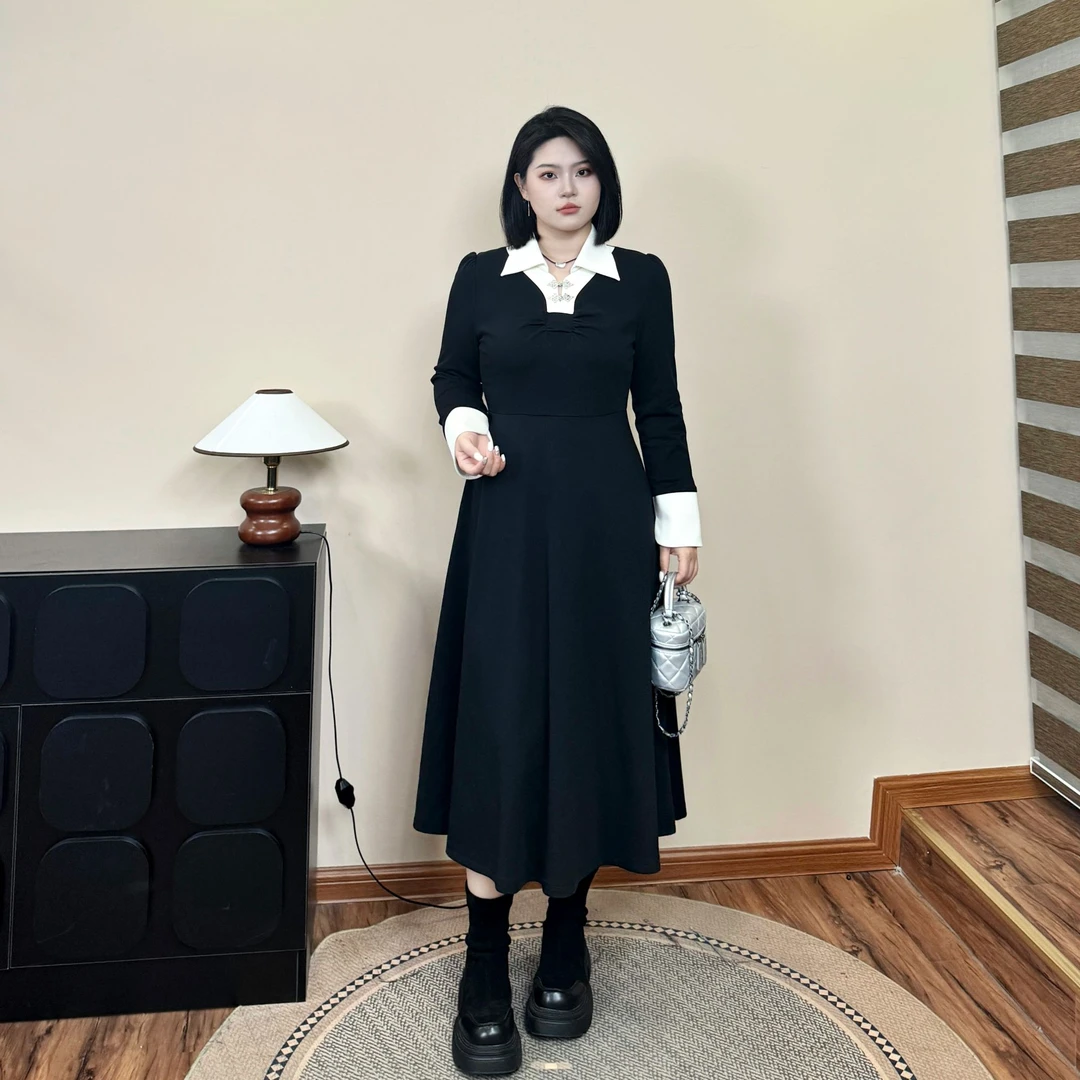 【南法故梦】秋冬复古针织撞色盘扣假两件大码微胖连衣裙-S7054