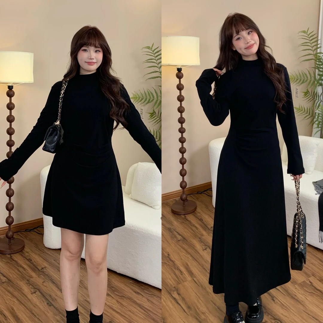 【墨兰深韵】秋冬新款百搭收腰半高领打底大码连衣裙-S1165