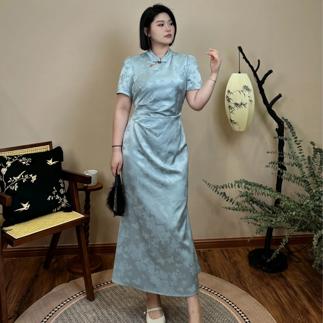 清【烟雨朦胧】春夏季时尚气质遮肉显瘦提花竹叶新中式连衣裙-S1058
