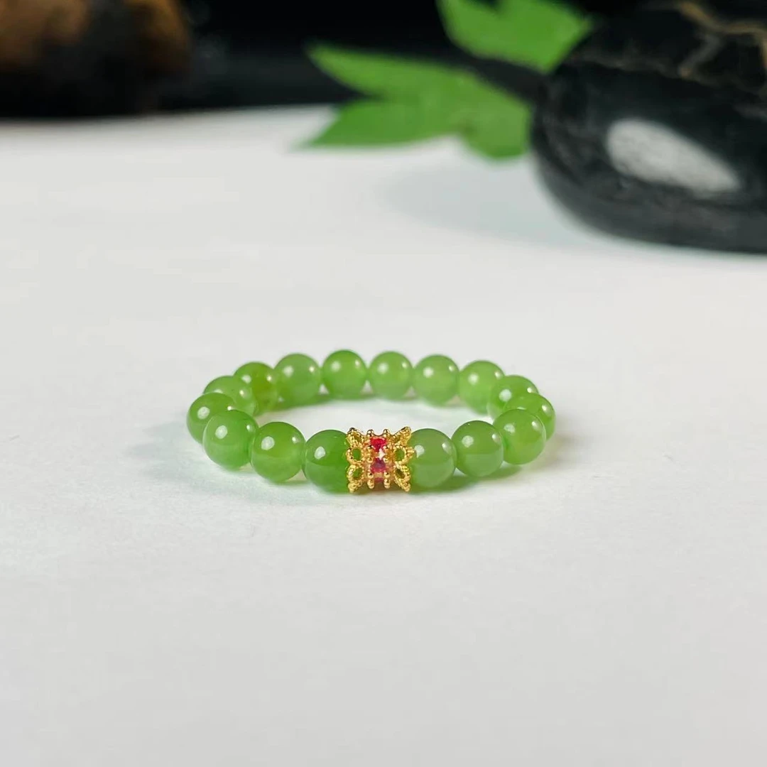 【豆豆珠宝甄选】天然俄料老坑碧玉圆珠戒指阳绿苹果绿弹力绳时尚款