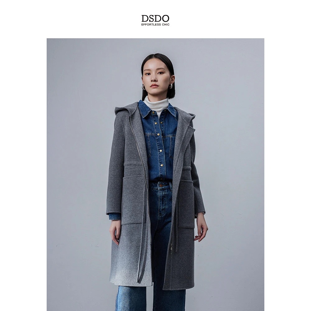 DSDO【登峰造极系列】秋冬绵羊毛羊绒收腰毛呢大衣宽松连帽毛呢外套