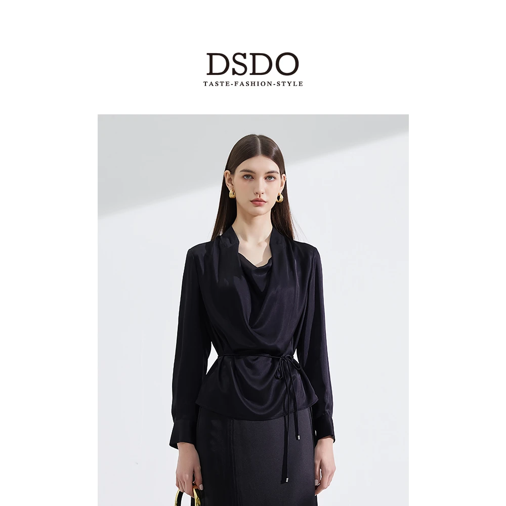 DSDO春款轻奢衬衣女士通勤醋酸设计感收腰长袖黑色休闲时尚衬衫