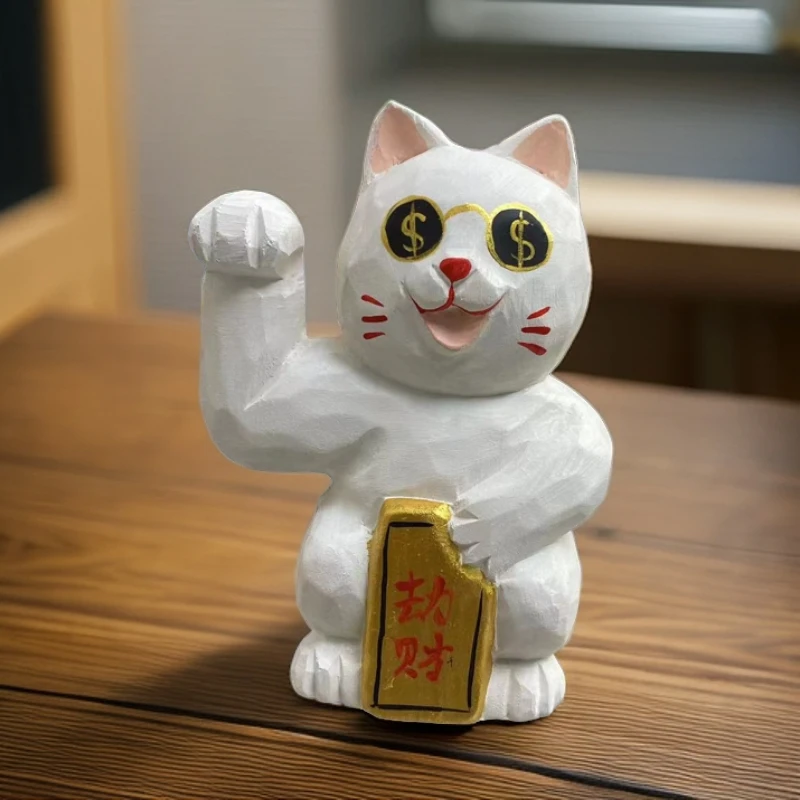 手工木雕招财猫公仔可爱创意玄关立体摆设家居饰品创意手工艺品